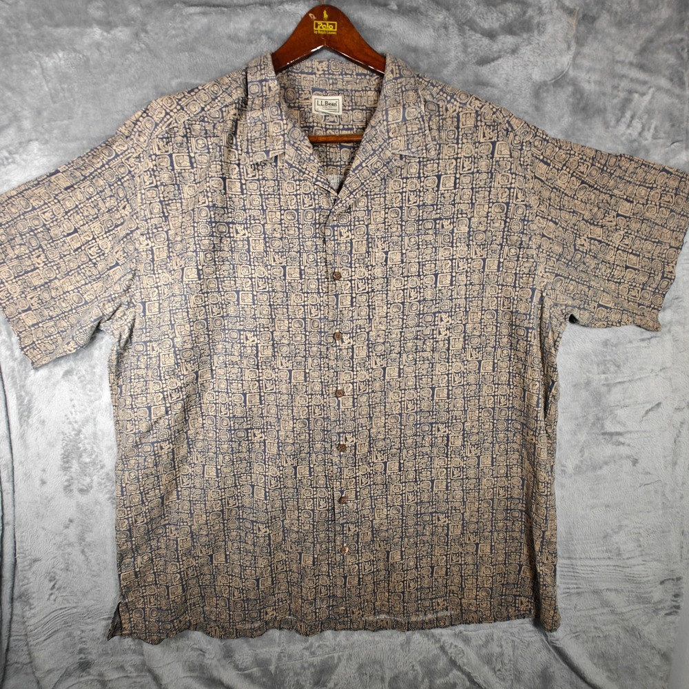 LL Bean Button Up Shirt Mens XXL Tall Blue Mayan Calendar Print Short Sleeve